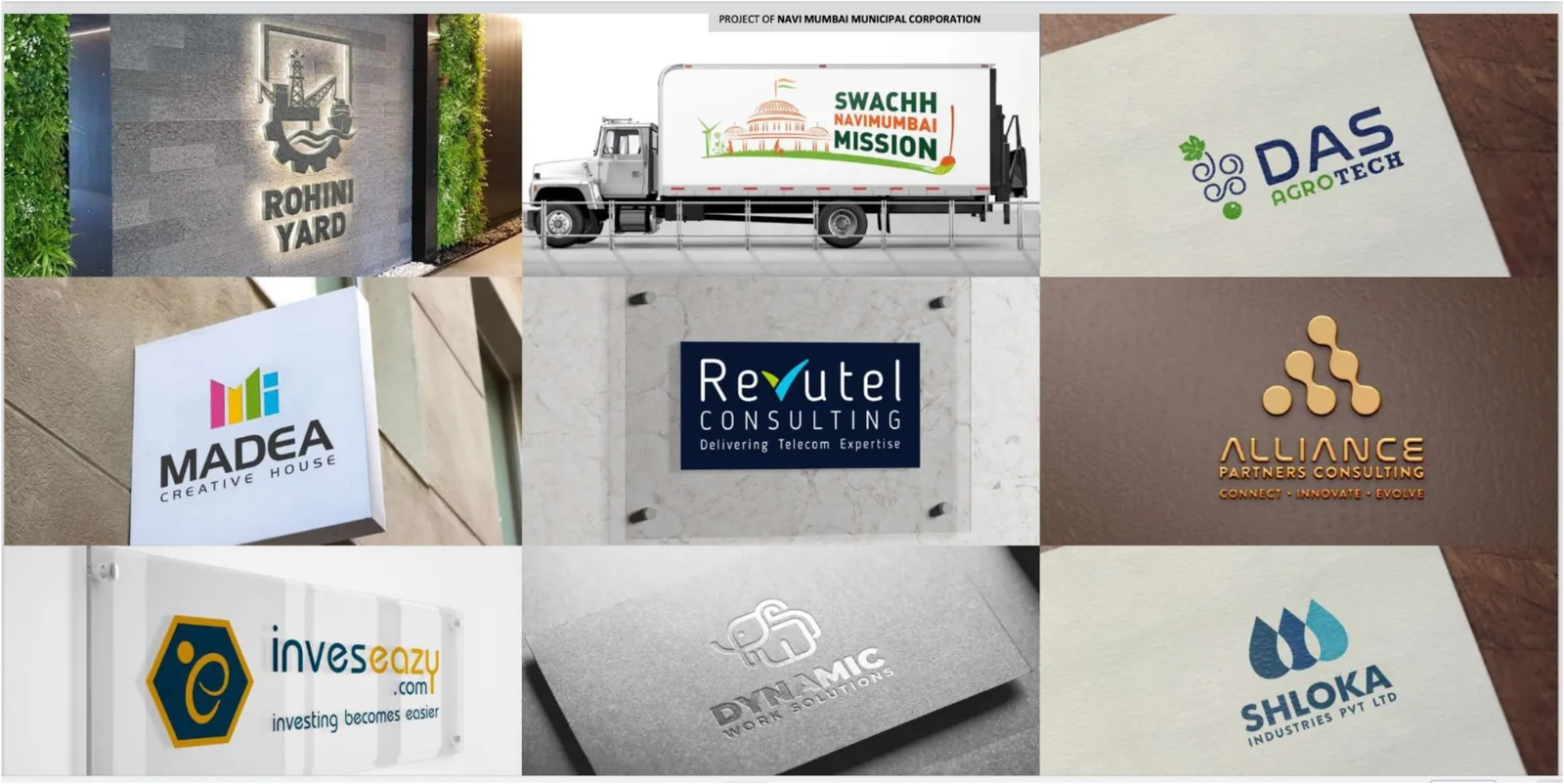 Logo designs including Rohini Yard and Swachh Navi Mumbai Mission